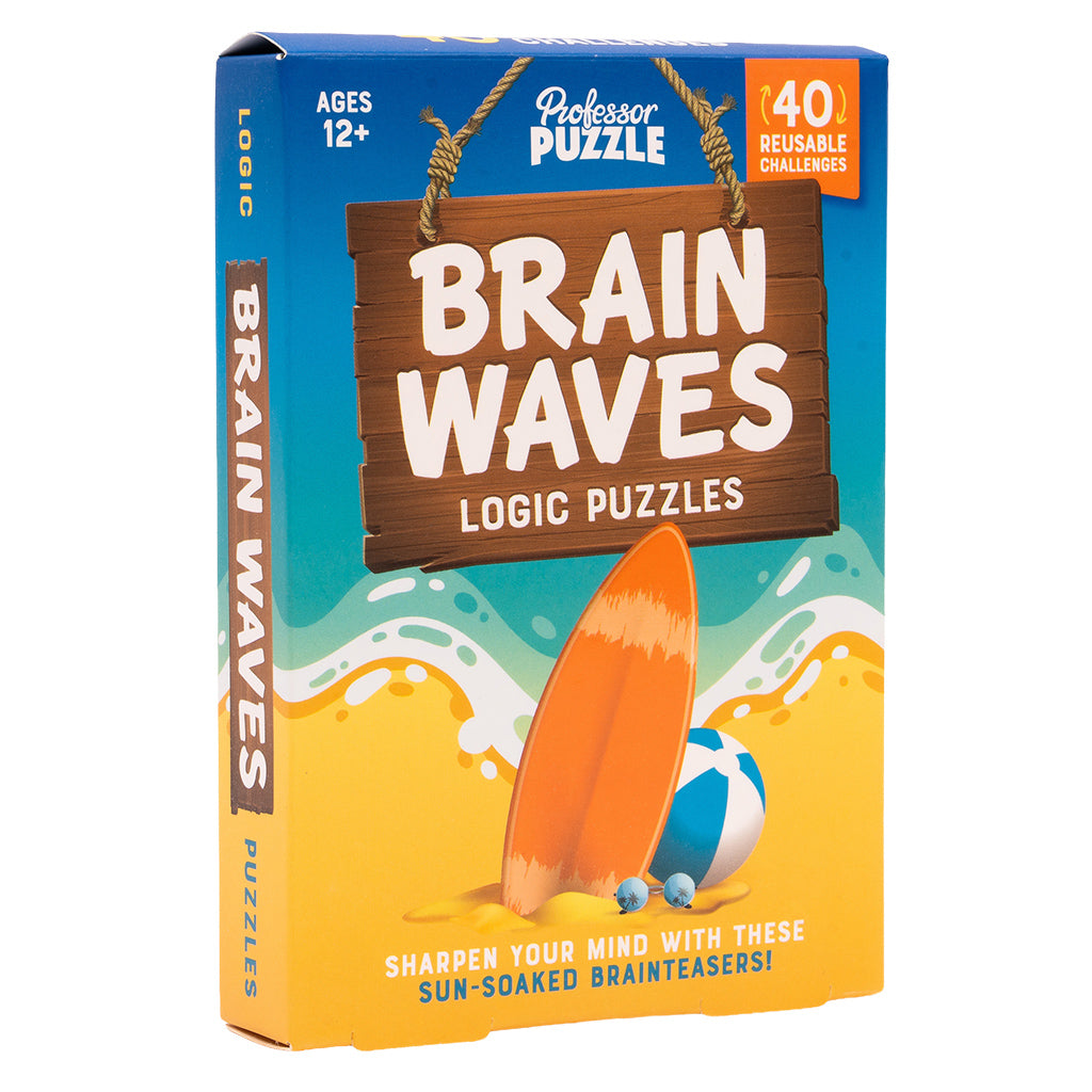 Brain Waves - Bright orange surfboard on stylized sandy beach with blue waves on Brain Waves logic puzzles box.