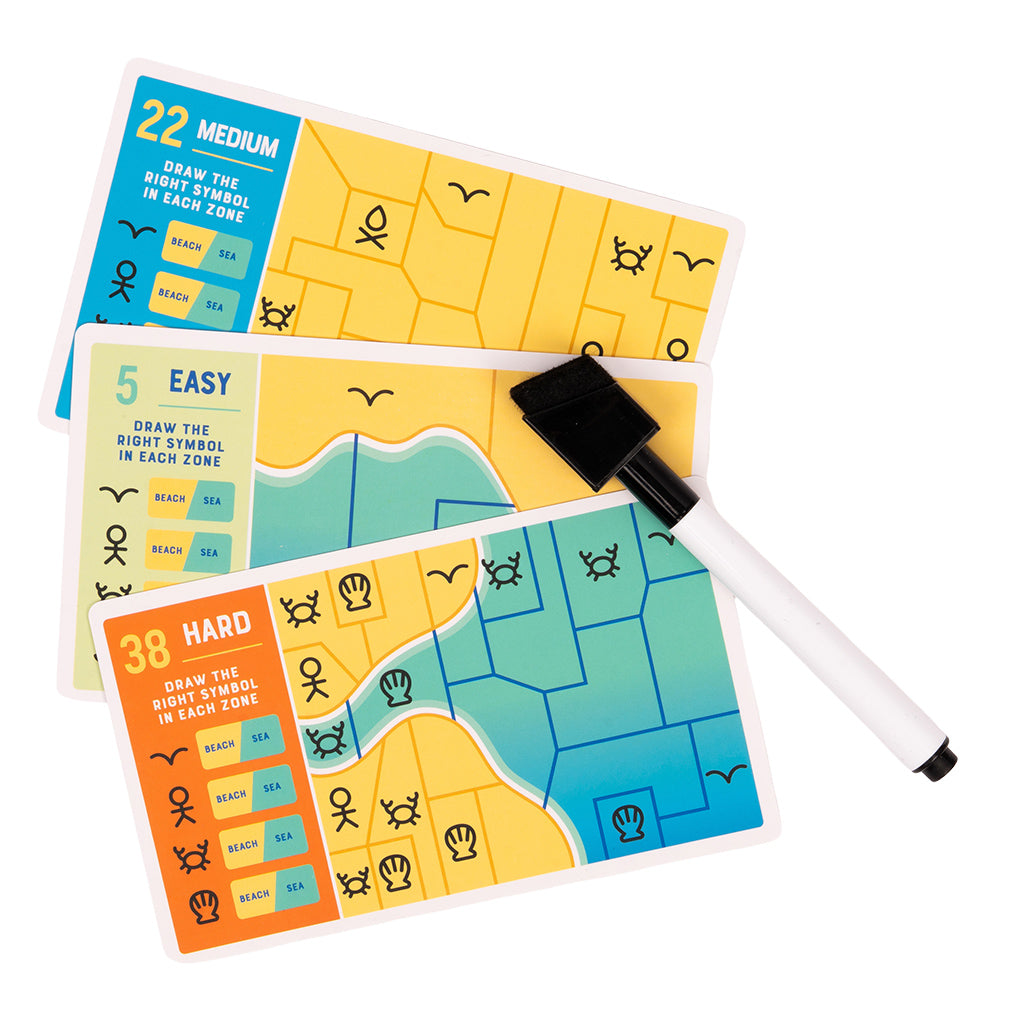 Brain Waves - Colorful puzzle cards labeled easy, medium, and hard with brain wave patterns and a black dry-erase marker.