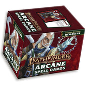 Pathfinder 2E: Arcane Spell Cards (Remastered) - Box set of Pathfinder Arcane Spell Cards featuring a wizard illustration on a dark red background with gold and white text.