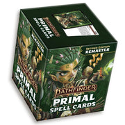 Pathfinder 2E: Primal Spell Cards (Remastered) - Green box with fantasy art featuring a fierce warrior and magical effects, labeled Pathfinder Primal Spell Cards Second.