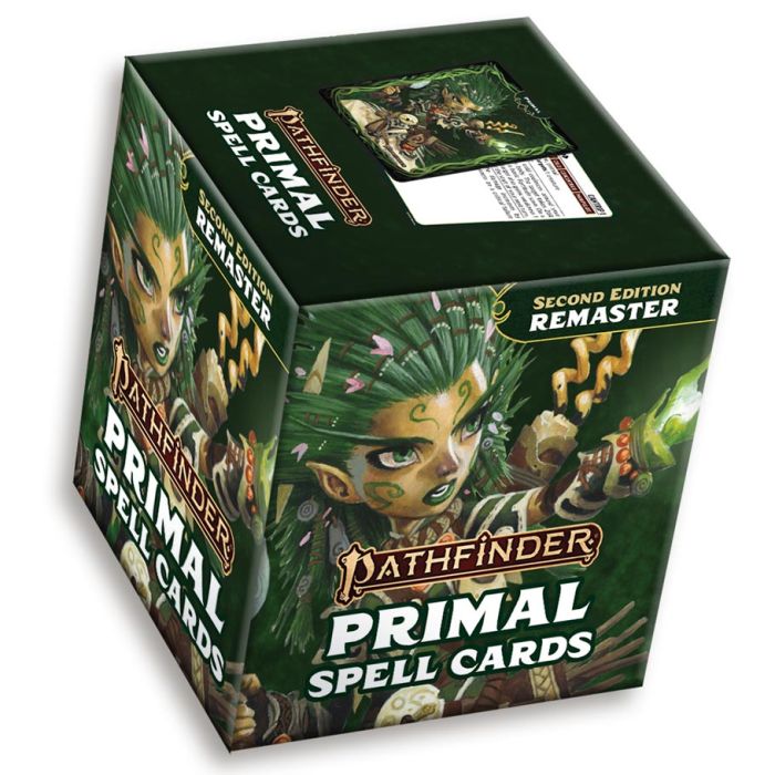Pathfinder 2E: Primal Spell Cards (Remastered) - Green box with fantasy art featuring a fierce warrior and magical effects, labeled Pathfinder Primal Spell Cards Second.