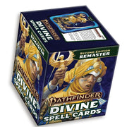 Pathfinder 2E: Divine Spell Cards (Remastered) - Compact rectangular box featuring fantasy artwork of a determined female cleric casting a spell, labeled Pathfinder 2E.