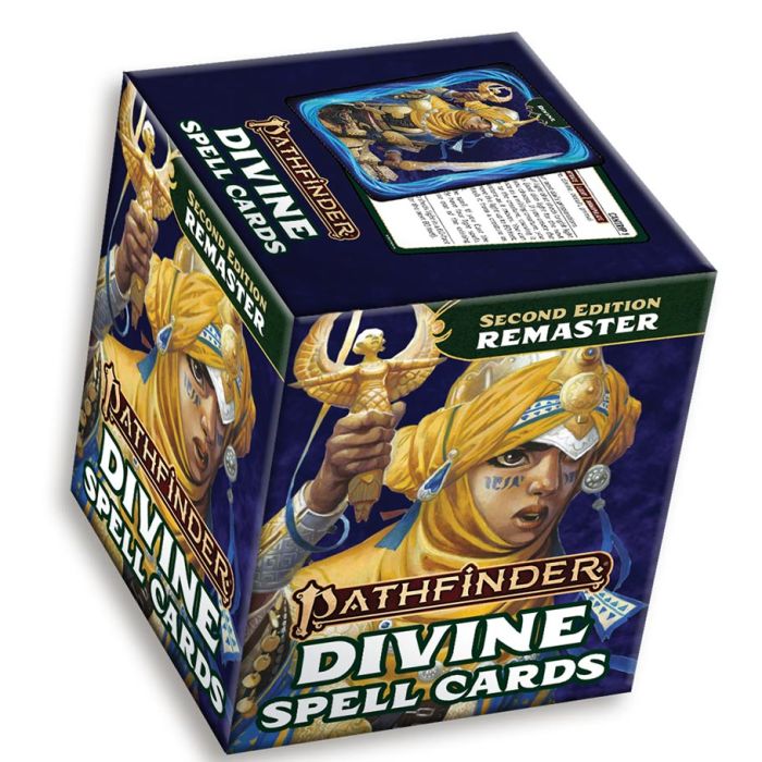 Pathfinder 2E: Divine Spell Cards (Remastered) - Compact rectangular box featuring fantasy artwork of a determined female cleric casting a spell, labeled Pathfinder 2E.