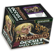 Pathfinder 2E: Occult Spell Cards (Remastered) - Black and gold box of Pathfinder Occult Spell Cards featuring a mystical character with blonde hair and arcane symbols,.