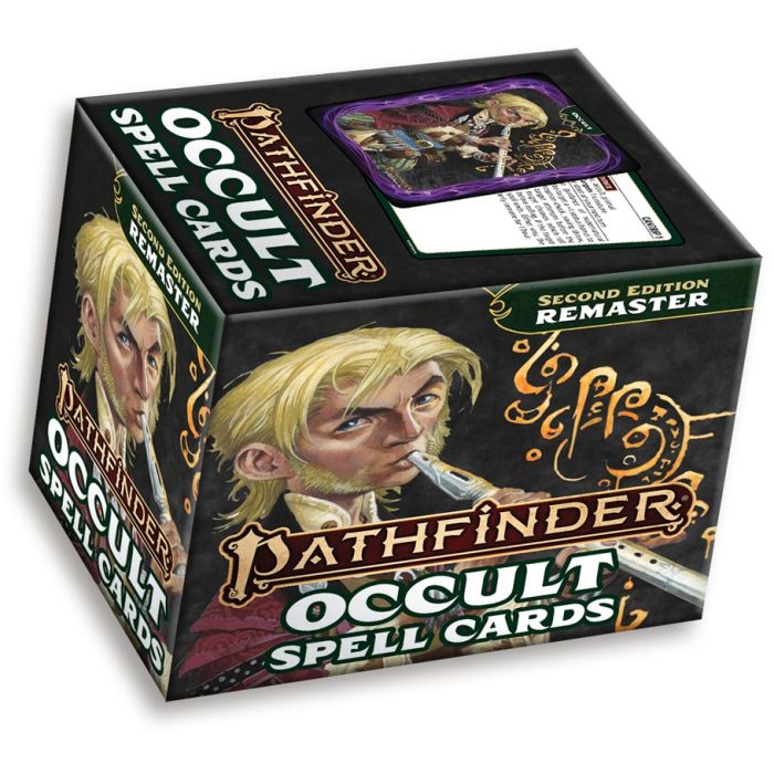 Pathfinder 2E: Occult Spell Cards (Remastered) - Black and gold box of Pathfinder Occult Spell Cards featuring a mystical character with blonde hair and arcane symbols,.