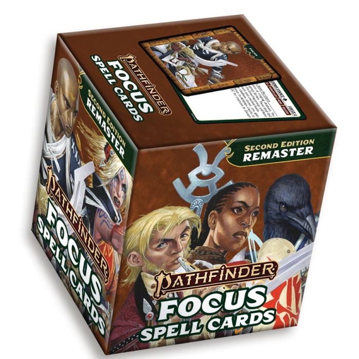Pathfinder 2E: Focus Spell Cards (Remastered) - Box of Pathfinder 2E Focus Spell Cards featuring illustrated fantasy characters on a colorful, compact packaging.
