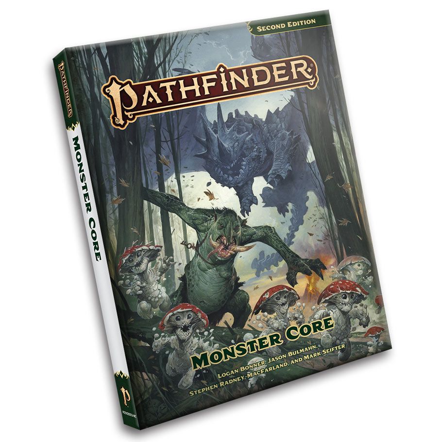 Pathfinder 2E: Pathfinder Monster Core - Pathfinder Monster Core book with dark fantasy cover art featuring a large menacing dragon and warriors in a forest setting.