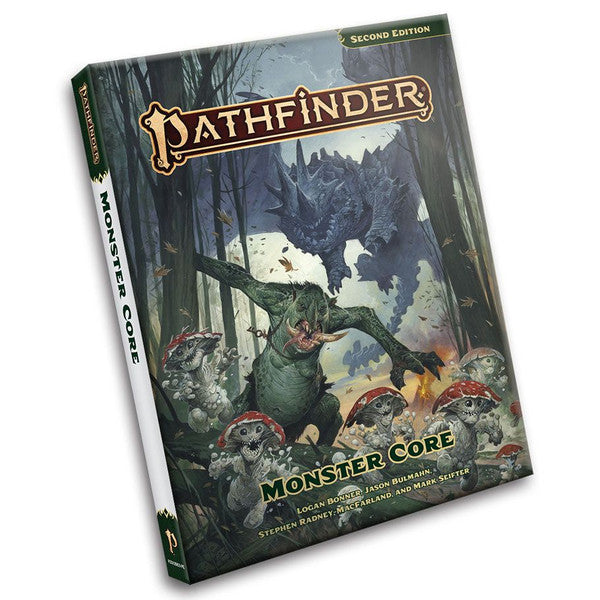 Pathfinder 2E: Monster Core Pocket Edition - Compact hardcover book with dark fantasy art showing monsters and a warrior, titled Pathfinder Monster Core Pocket Edition.