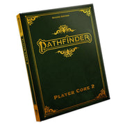 Pathfinder 2E: Player Core 2 Special Edition - Dark green hardcover book with ornate gold lettering and decorative borders titled Pathfinder Player Core 2 Special Edition.