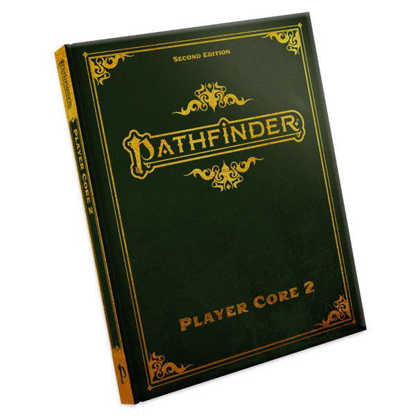 Pathfinder 2E: Player Core 2 Special Edition - Dark green hardcover book with ornate gold lettering and decorative borders titled Pathfinder Player Core 2 Special Edition.