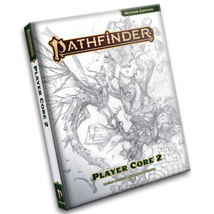 Pathfinder Player Core 2 Sketch Cover - Pathfinder Player Core 2 book with detailed black-and-white fantasy character sketch on white cover.