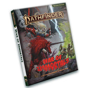 Pathfinder 2E: War of Immortals - Pathfinder War of Immortals softcover book with fantasy artwork of armored warrior riding a red horse amid a storm and.