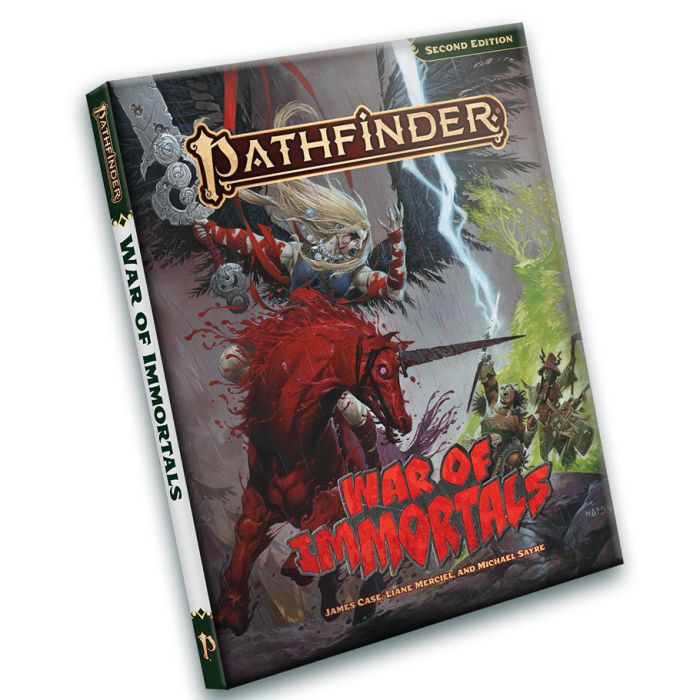 Pathfinder 2E: Pathfinder War of Immortals Pocket Edition - Dark fantasy book cover featuring a red-armored warrior on a black horse with lightning and battle scene, titled Pathfinder.