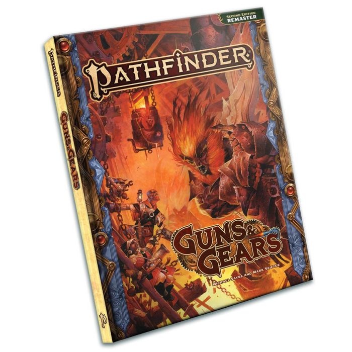 Pathfinder 2E: Guns & Gears (Remastered) - Hardcover Pathfinder role-playing book with steampunk-themed cover art featuring armored characters and fiery molten.