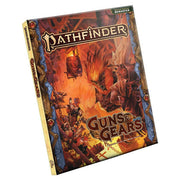 Pathfinder 2E: Guns & Gears (Remastered) Pocket Edition - Pathfinder Guns & Gears Remastered Pocket Edition RPG book with fiery steampunk artwork and detailed characters on.