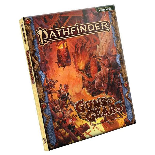 Pathfinder 2E: Guns & Gears (Remastered) Pocket Edition - Pathfinder Guns & Gears Remastered Pocket Edition RPG book with fiery steampunk artwork and detailed characters on.