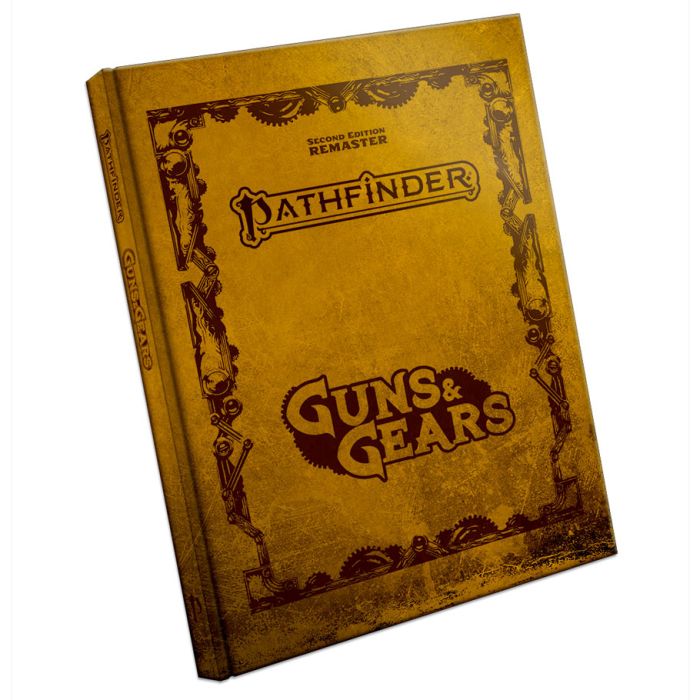Pathfinder 2E: Guns & Gears (Remastered) Special Edition - Brown hardcover book with ornate dark brown borders and lettering titled Pathfinder Guns & Gears, remastered special edition.