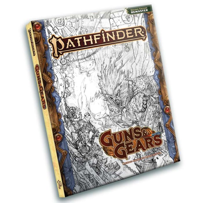 Pathfinder 2E: Guns & Gears (Remastered) Sketch Cover - Pathfinder Guns & Gears book with intricate black-and-white sketch cover featuring mechanical and fantasy elements, brown.