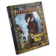 Pathfinder 2E: Treasure Vault (Remastered) - Pathfinder Treasure Vault Remastered book with dark dragon on stone wall background and gold lettering.