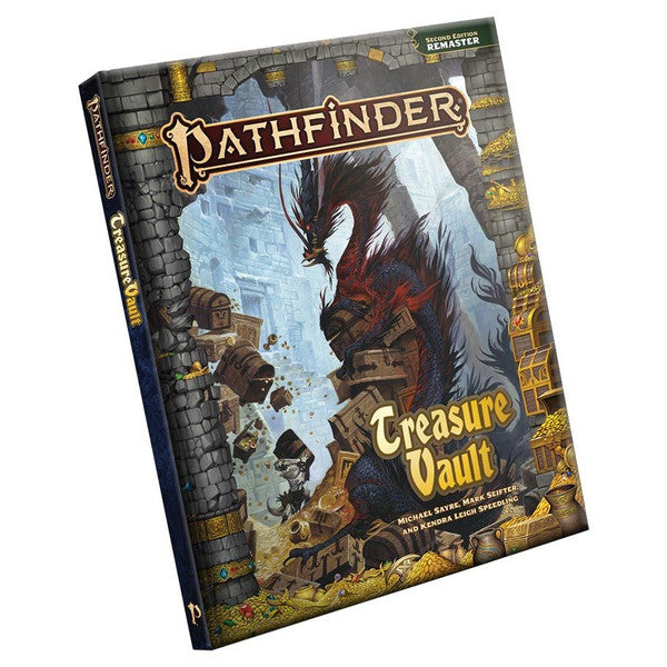 Pathfinder 2E: Treasure Vault (Remastered) - Pathfinder Treasure Vault Remastered book with dark dragon on stone wall background and gold lettering.