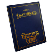Pathfinder 2E: Treasure Vault (Remastered) Special Edition - Dark blue hardcover book with gold embossed text "Pathfinder Treasure Vault" and decorative border, standing angled.