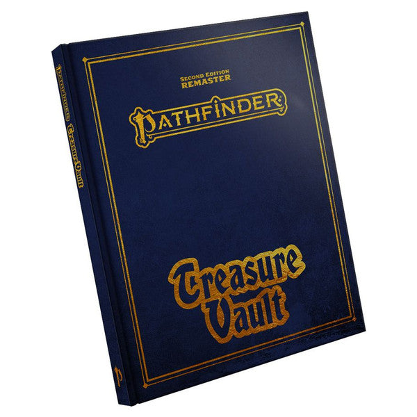 Pathfinder 2E: Treasure Vault (Remastered) Special Edition - Dark blue hardcover book with gold embossed text "Pathfinder Treasure Vault" and decorative border, standing angled.