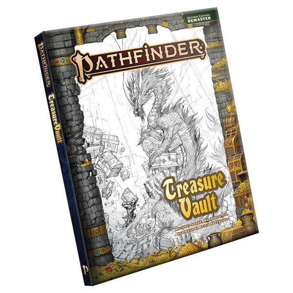 Pathfinder 2E: Treasure Vault (Remastered) Sketch Cover Edition - Hardcover Pathfinder book with a grayscale sketch cover featuring detailed fantasy treasure artwork and gold-accented title.