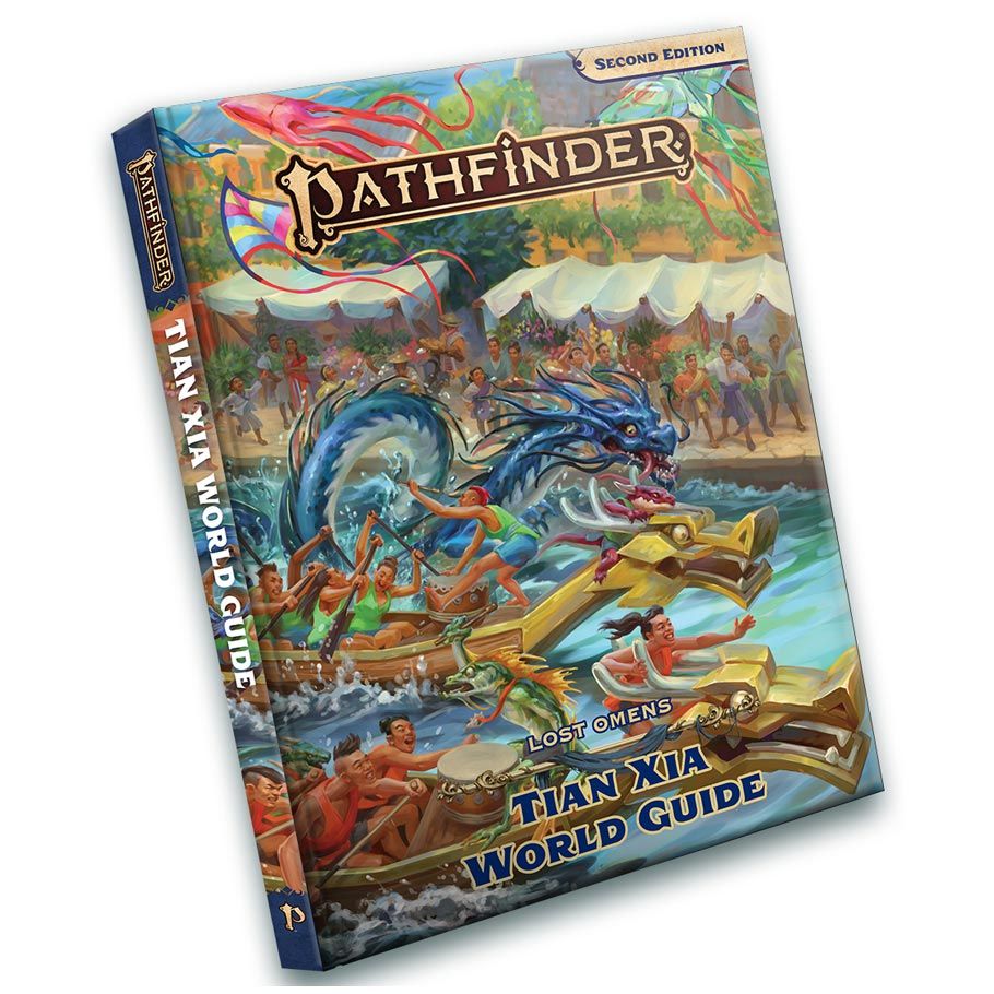Pathfinder 2E: Lost Omens: Tian Xia World Guide - Pathfinder paperback book with colorful fantasy dragon and warrior artwork, titled Tian Xia World Guide.