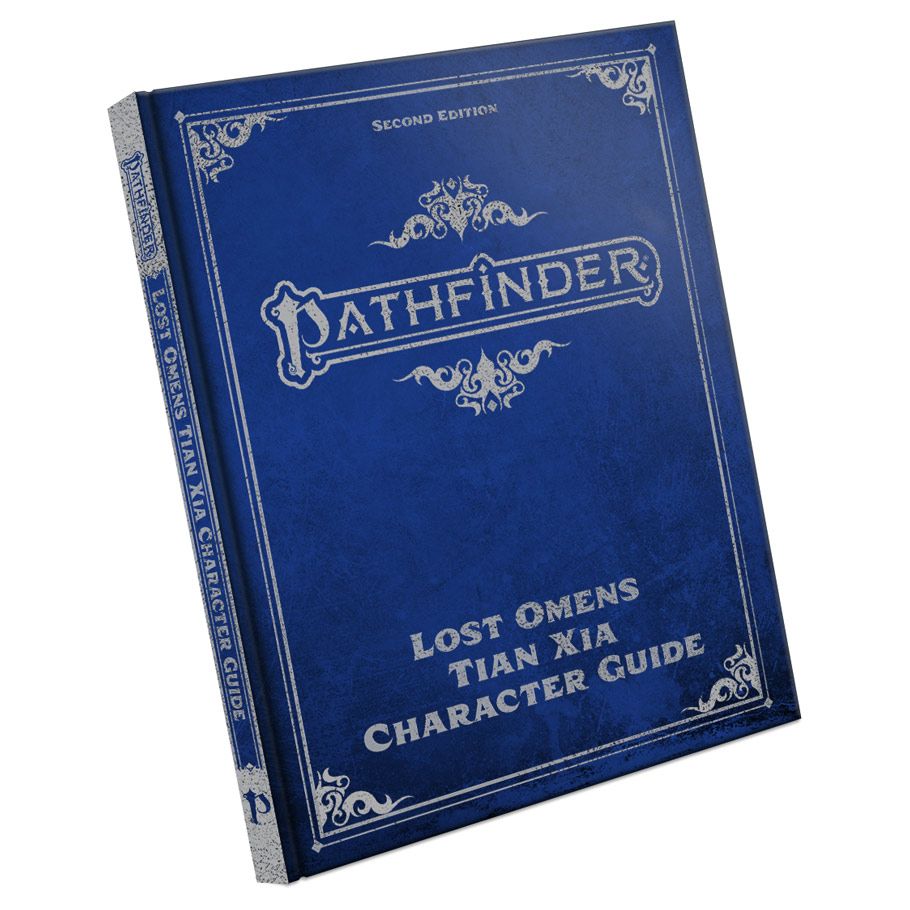 Pathfinder 2E: Lost Omens Tian Xia Character Guide Special Edition - Blue hardcover book with ornate silver embossed title and decorative corner designs, titled Pathfinder Lost Omens Tian Xia.