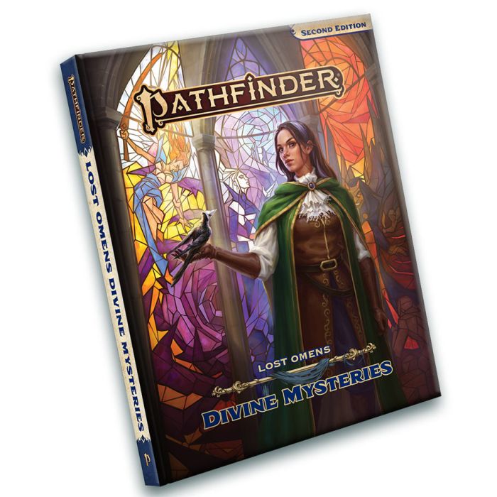 Pathfinder 2E: Lost Omens: Divine Mysteries - Divine Mysteries with stained glass window and robed female figure holding a glowing symbol.