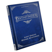 Pathfinder 2E: Lost Omens: Divine Mysteries SE - Blue hardcover book with ornate silver detailing titled Pathfinder Lost Omens Divine Mysteries Second Edition.