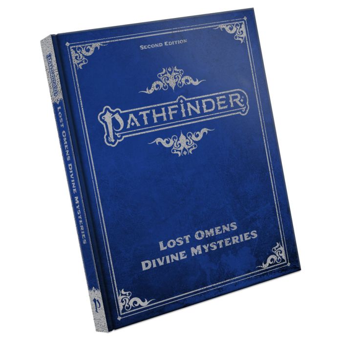 Pathfinder 2E: Lost Omens: Divine Mysteries SE - Blue hardcover book with ornate silver detailing titled Pathfinder Lost Omens Divine Mysteries Second Edition.