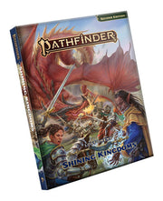 Pathfinder 2E: Lost Omens: Shining Kingdoms - Pathfinder role-playing game book with detailed fantasy artwork of warriors battling a red dragon on the cover, titled.