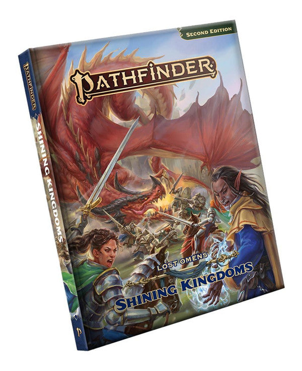 Pathfinder 2E: Lost Omens: Shining Kingdoms - Pathfinder role-playing game book with detailed fantasy artwork of warriors battling a red dragon on the cover, titled.