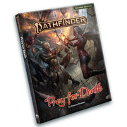 Pathfinder 2E Adventure: Prey for Death - Pathfinder adventure book with dark fantasy cover art showing a warrior and a sorcerer battling monstrous creatures, fiery.