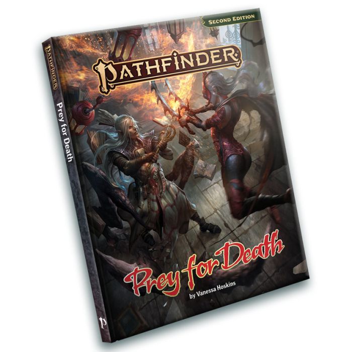 Pathfinder 2E Adventure: Prey for Death - Pathfinder adventure book with dark fantasy cover art showing a warrior and a sorcerer battling monstrous creatures, fiery.