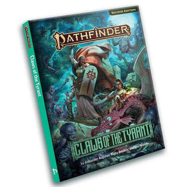 Pathfinder 2E: Adventure: Claws of the Tyrant - Softcover book with vibrant fantasy art of armored warrior battling monstrous creatures, titled "Pathfinder Claws of the.
