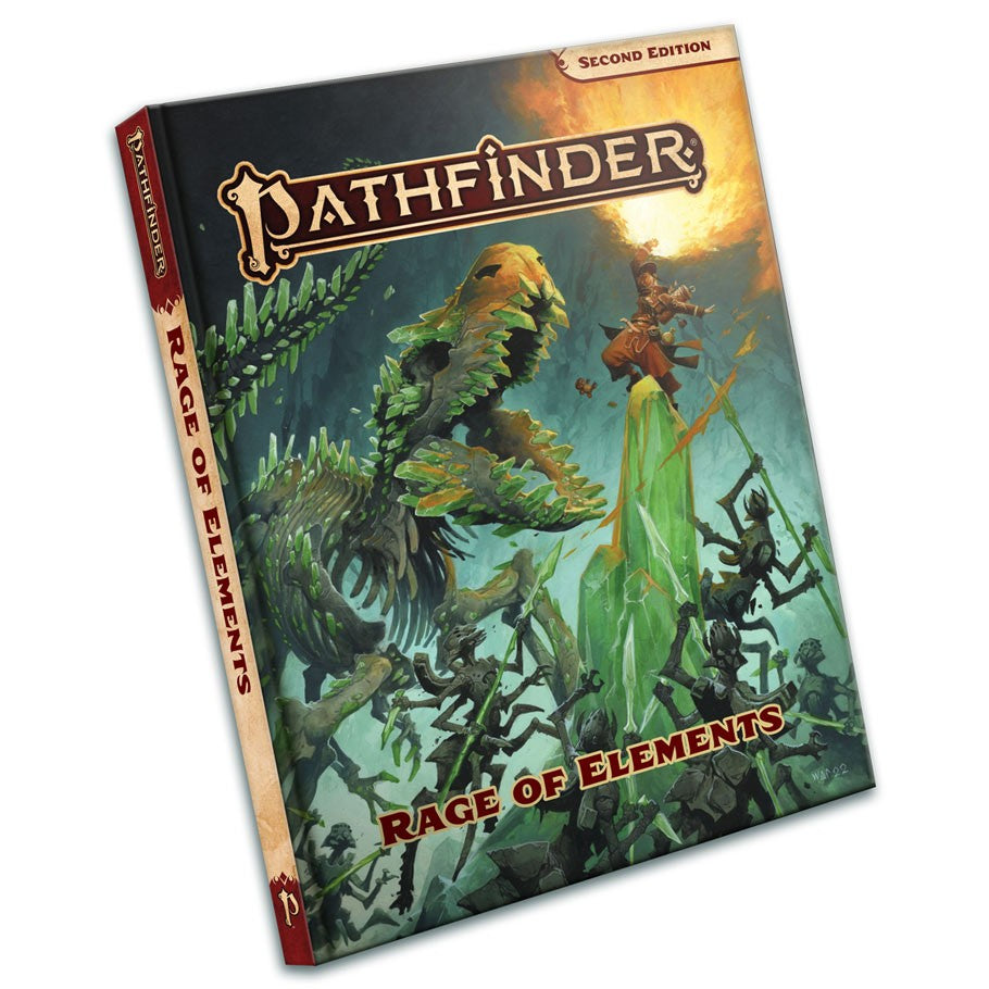 Pathfinder 2nd Edition: Rage of Elements - Rage of Elements hardcover book with fantasy artwork of tree-like creature and warriors in a battle scene on cover.