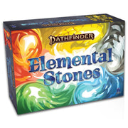 Pathfinder: Elemental Stones Board Game - Rectangular board game box with vibrant elemental swirl designs in red, yellow, green, and blue, titled "Pathfinder.