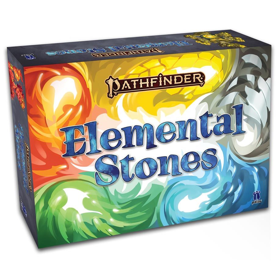 Pathfinder: Elemental Stones Board Game - Rectangular board game box with vibrant elemental swirl designs in red, yellow, green, and blue, titled "Pathfinder.