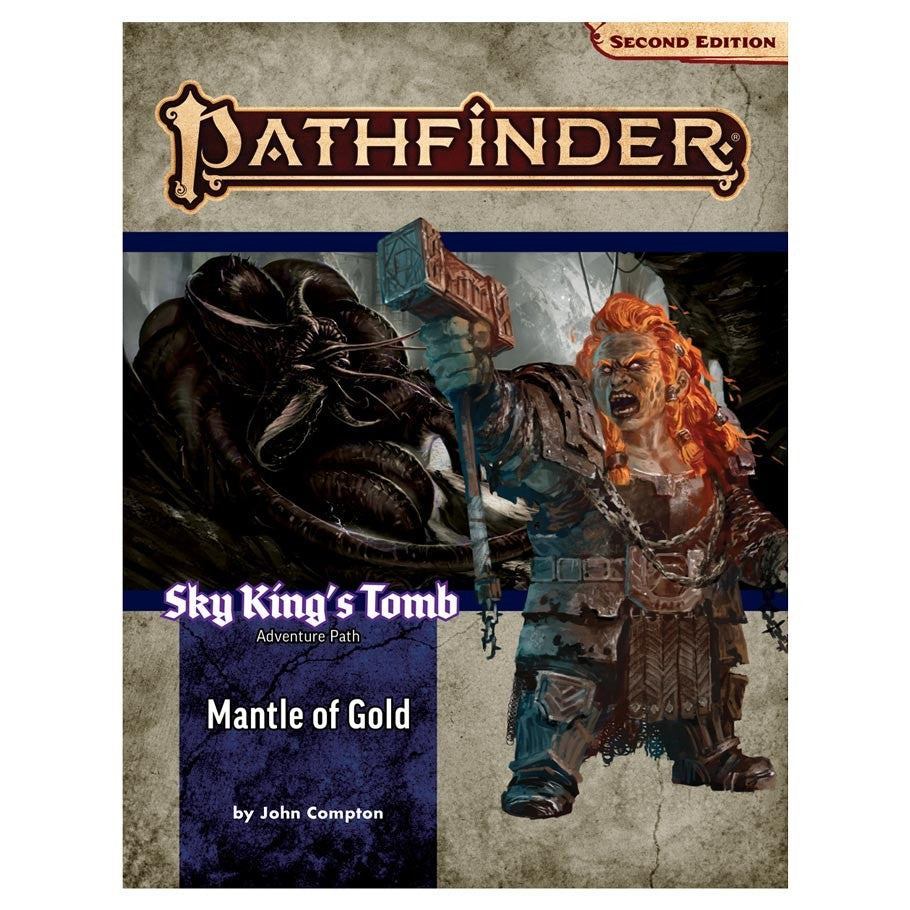 Pathfinder 2nd Edition: Mantle of Gold (Sky King Tomb 1 of 3) - Pathfinder 2nd Edition book cover showing a dwarf warrior with fiery red hair and armor facing a large black statue in a.