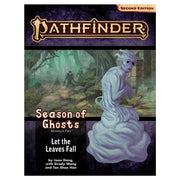 Pathfinder 2E: Adventure Path: Let the Leaves Fall Season of Ghosts - Book cover for Pathfinder RPG featuring a ghostly white figure in a misty forest with dark, shadowy characters in the.