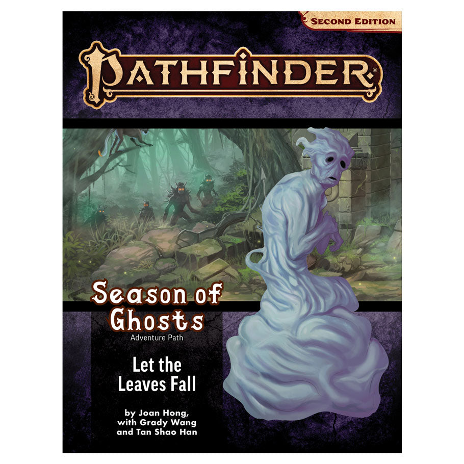 Pathfinder 2E: Adventure Path: Let the Leaves Fall Season of Ghosts - Book cover for Pathfinder RPG featuring a ghostly white figure in a misty forest with dark, shadowy characters in the.
