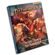 Pathfinder 2E: Adventure Path: Seven Dooms for Sandpoint Hardcover - Hardcover Pathfinder RPG book with fiery dragon, warrior, and dark cityscape on cover titled Seven Dooms for Sandpoint.