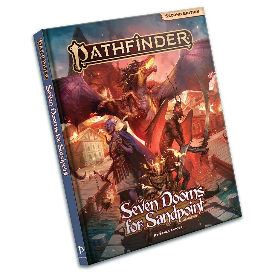 Pathfinder 2E: Adventure Path: Seven Dooms for Sandpoint Hardcover - Hardcover Pathfinder RPG book with fiery dragon, warrior, and dark cityscape on cover titled Seven Dooms for Sandpoint.