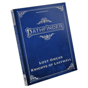 Path Finder 2nd Edition: Lost Omens: Knights of Lastwall - Dark blue hardcover book with ornate silver detailing and "Pathfinder Lost Omens Knights of Lastwall" printed on the cover.