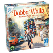 Dabba Walla - Dabba Walla board game box featuring a man on a bicycle carrying stacked metal lunchboxes in a busy urban street scene with.