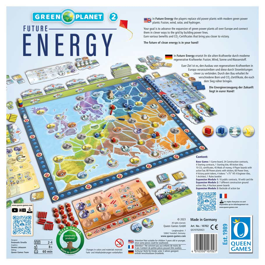 Future Energy - Colorful board game layout showing a map with hexagonal land tiles, resource tokens, and player boards for a strategy game.