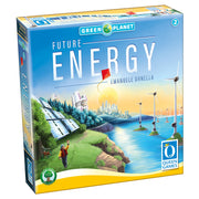 Future Energy - Board game box featuring a coastal landscape with solar panels, wind turbines, and a city skyline at sunset.