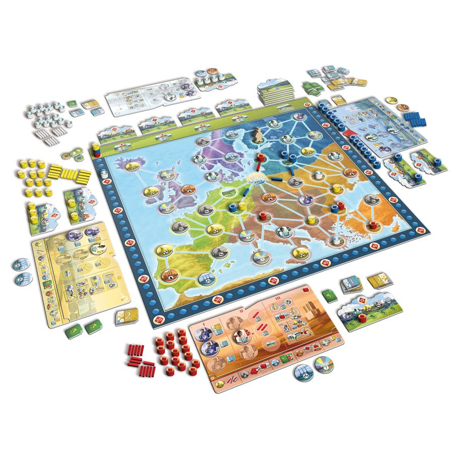 Future Energy - Strategy board game featuring a colorful Europe map, resource tokens, player boards, cards, and various game pieces arranged